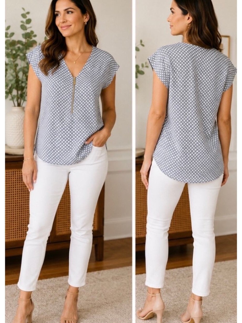 Premise V-Neck Short Sleeve Polka Dot Top - Blue